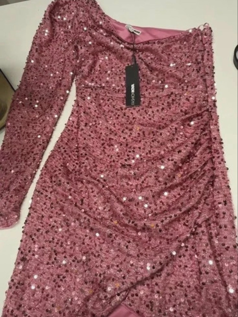 Fashion Nova Dusty Rose Sequin One-Shoulder Mini Dress